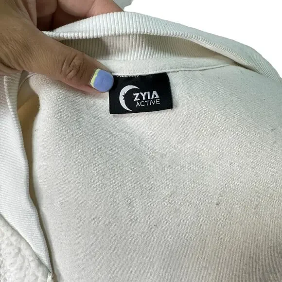 ZYIA  ACTIVE Womens M White Sherpa Collarless Full Zip Flying V Bomber Jacket - Picture 10 of 11
